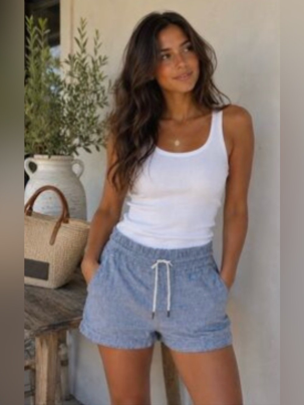 Athleta Light Blue Linen-Blend Drawstring Shorts Size 4